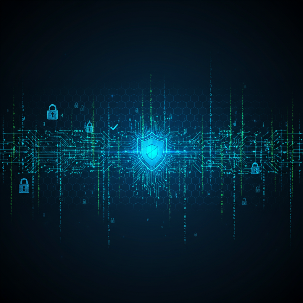 Cybersecurity background with digital circuit patterns and shield